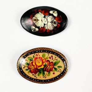 Vintage Soviet Russian Hand Painted Lacquer Palekh Pins Floral Roses Black Gold